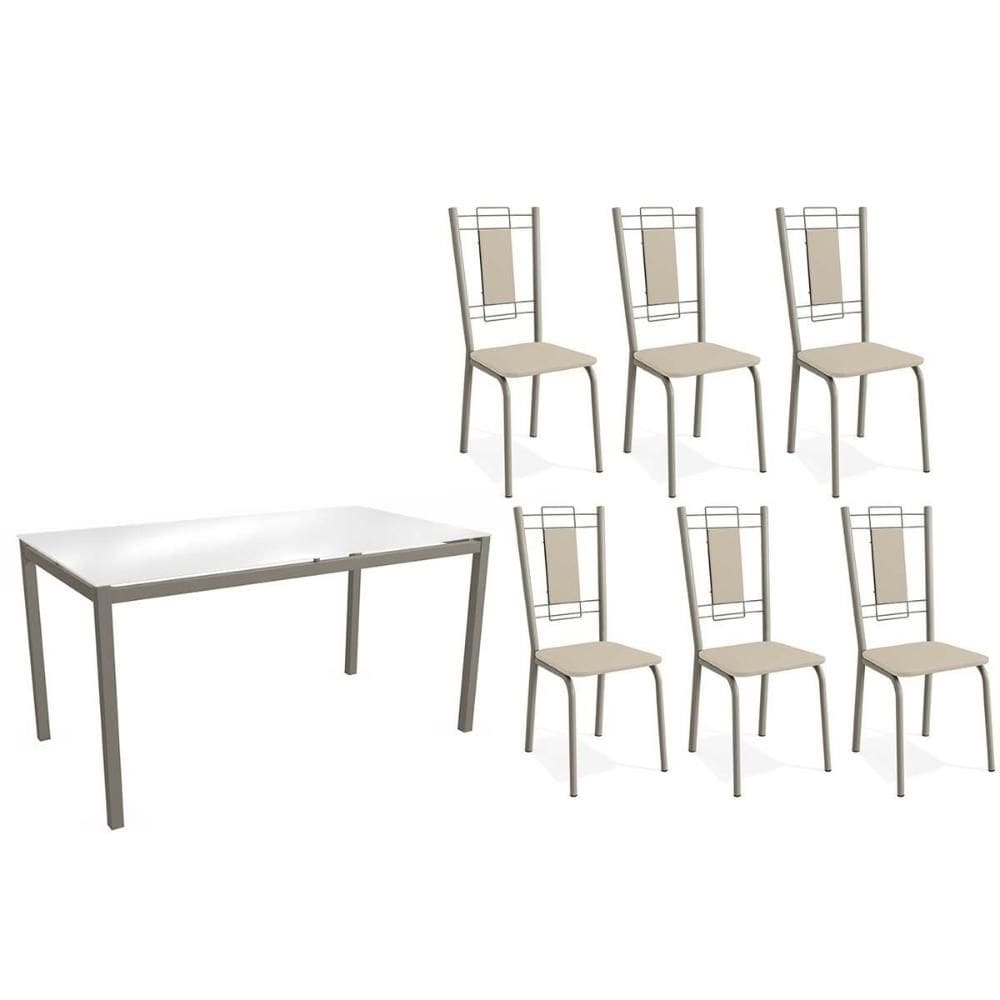 Sala de Jantar Completa Reno c/ Tampo de Vidro 150cm e 4 Cadeiras Florença Niquel - Courano Bege - Kappesberg