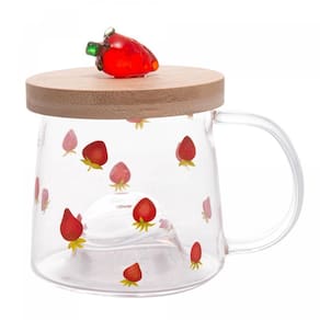 Caneca de Vidro Borossilicato c/Pires de Bambu Morango 330ml