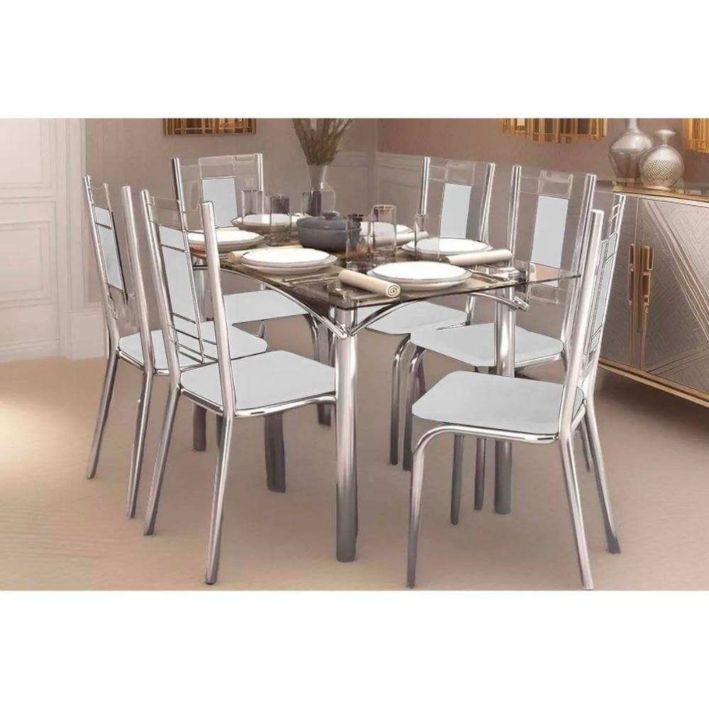 Sala de Jantar Completa Elba c/ Tampo de Vidro 80x150cm e 6 Cadeiras Florença Cromada - Courano Branco - Kappesberg