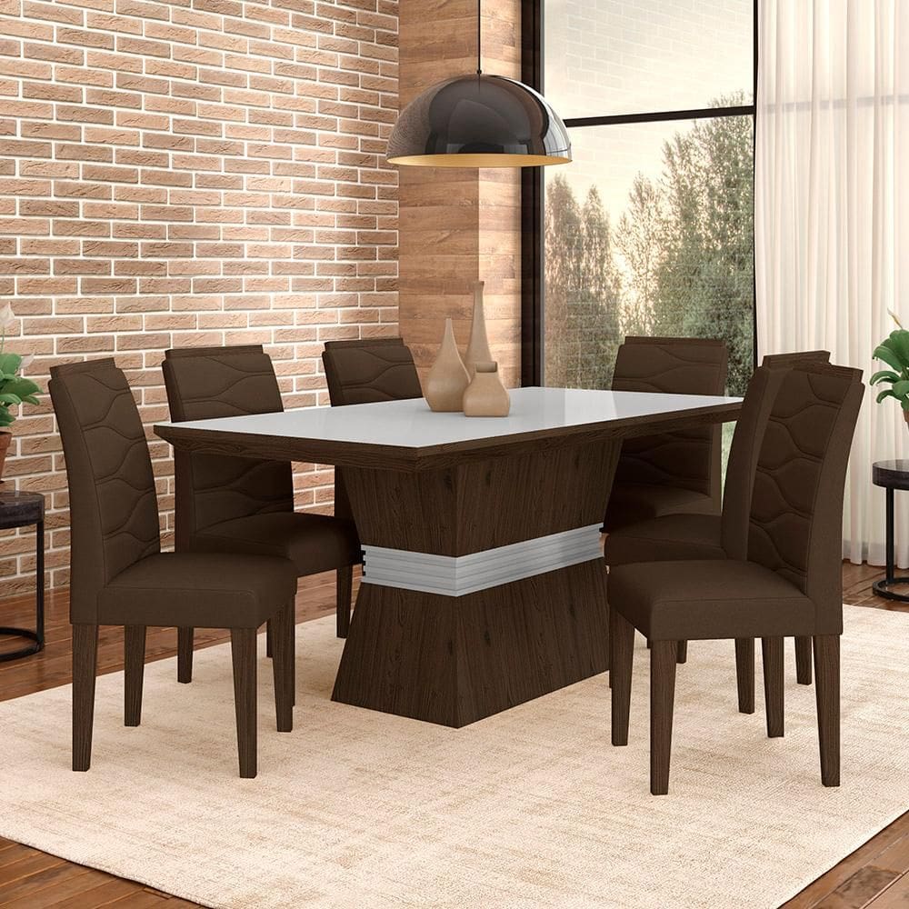 Sala De Jantar 6 Cadeiras Nazca Imbui/off Whi/marro - Móveis Arapongas