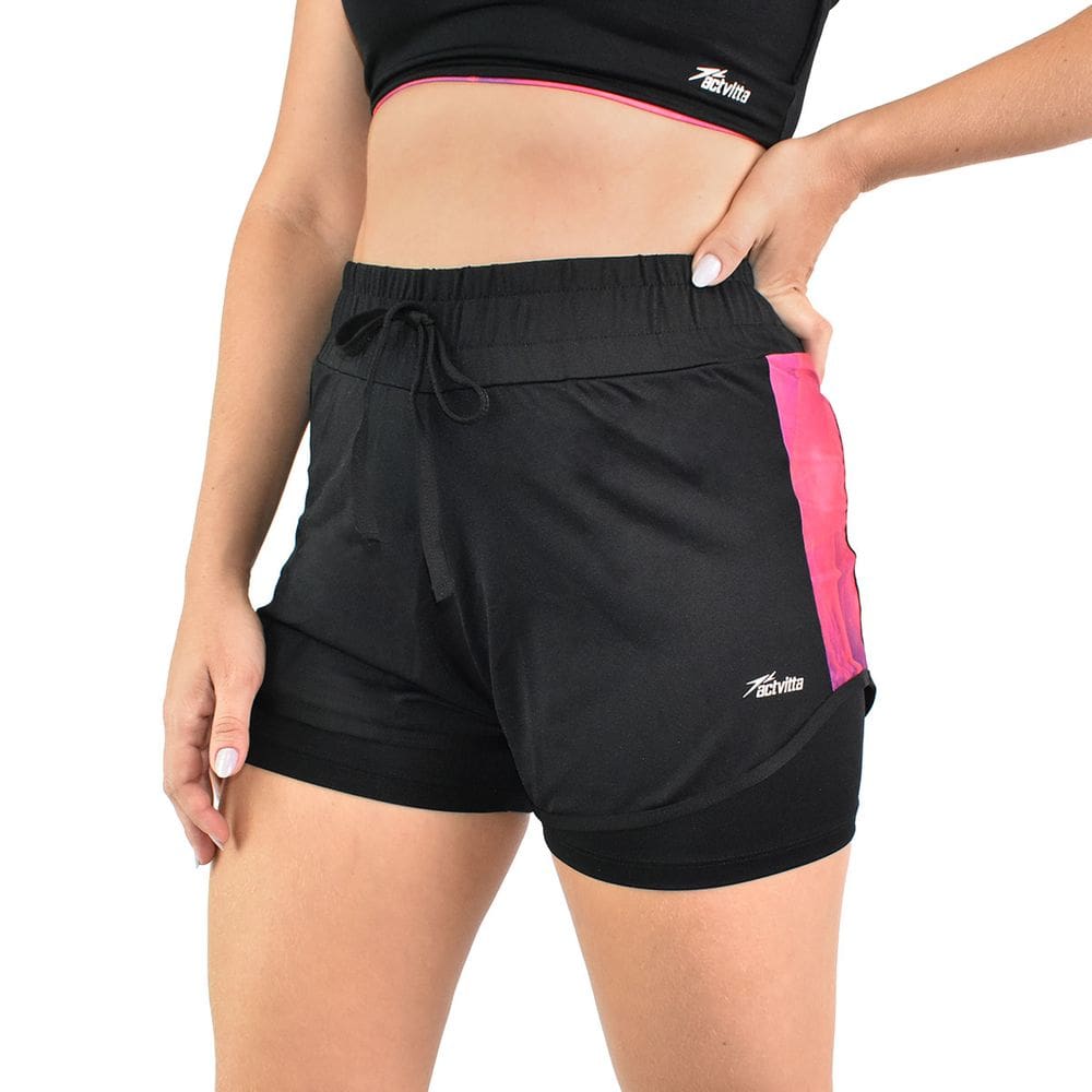 Short Feminino Activitta Esportivo Treino Confortável Preto Fúcsia