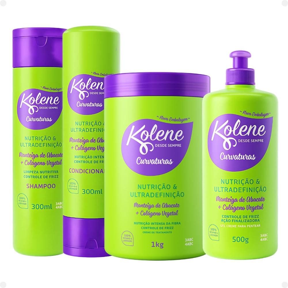 Kit Kolene Curvaturas Nutrição e Ultradefinição: Shampoo, Condicionador 300ml, Creme de Tratamento e Gel Creme 500g