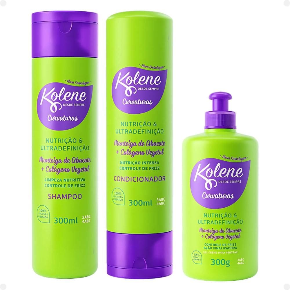 Kit Kolene Curvaturas Nutrição e Ultradefinição: Shampoo, Condicionador 300ml e Gel Creme 300g
