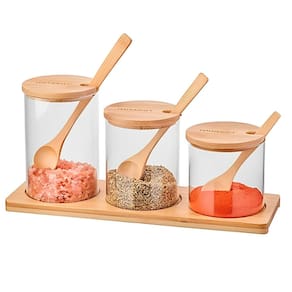 Porta Condimentos com 3 Colher e Base em Bambu e Pote de Vidro