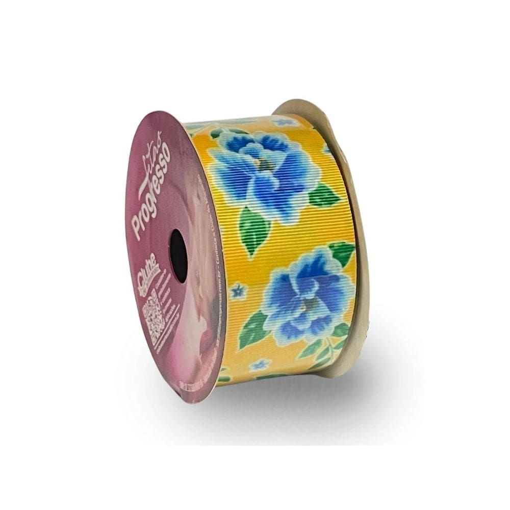 Fita De Gorgurão Estampada 38mm Progresso Nº9 Flor Azul