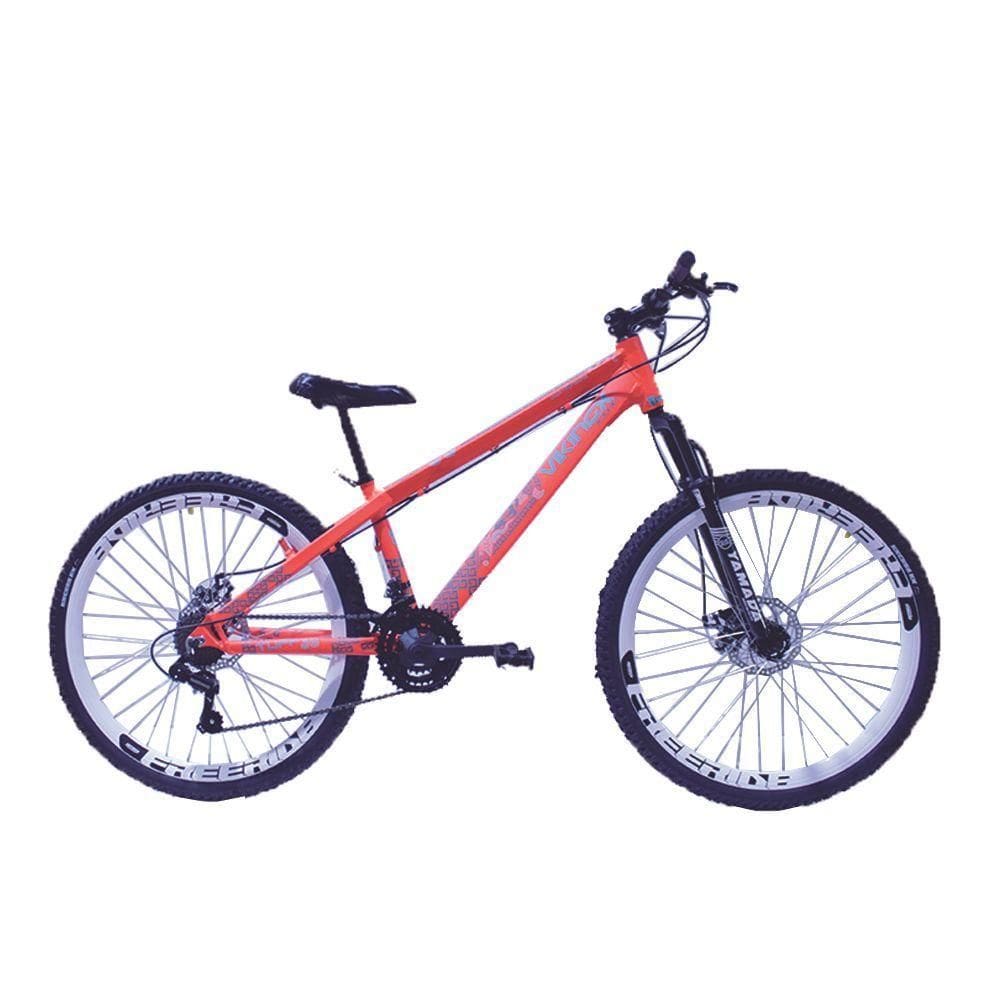 Bicicleta Vikingx Tuff 30 Freeride Aro 26 Freio A Disco 21 Velocidades Cambio Shimano Laranja Neon Aro Branco.