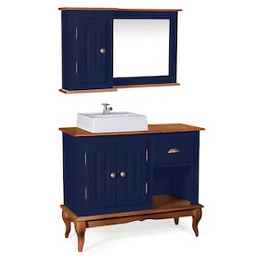 Gabinete para Banheiro 2 Portas com Cuba e Espelheira Dália 3058 Linz Móveis - Azul Petróleo/Imbuia Glazer