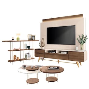 Estante Home Theater Nobre Off White Castanho e Aparador Infinity e Kit Mesa de Centro Sky Castanho – HB Móveis