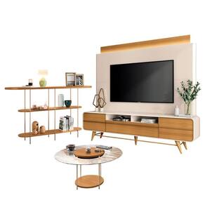 Estante Home Theater Nobre Off White Cinamomo e Aparador Infinity e Mesa de Centro Sky com Tampo de Vidro Cinamomo – HB Móveis