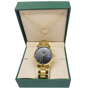 Conjunto Relógio Feminino Tuguir Analógico TG35094 TG226 Dourado e Preto com Colar e Pingente