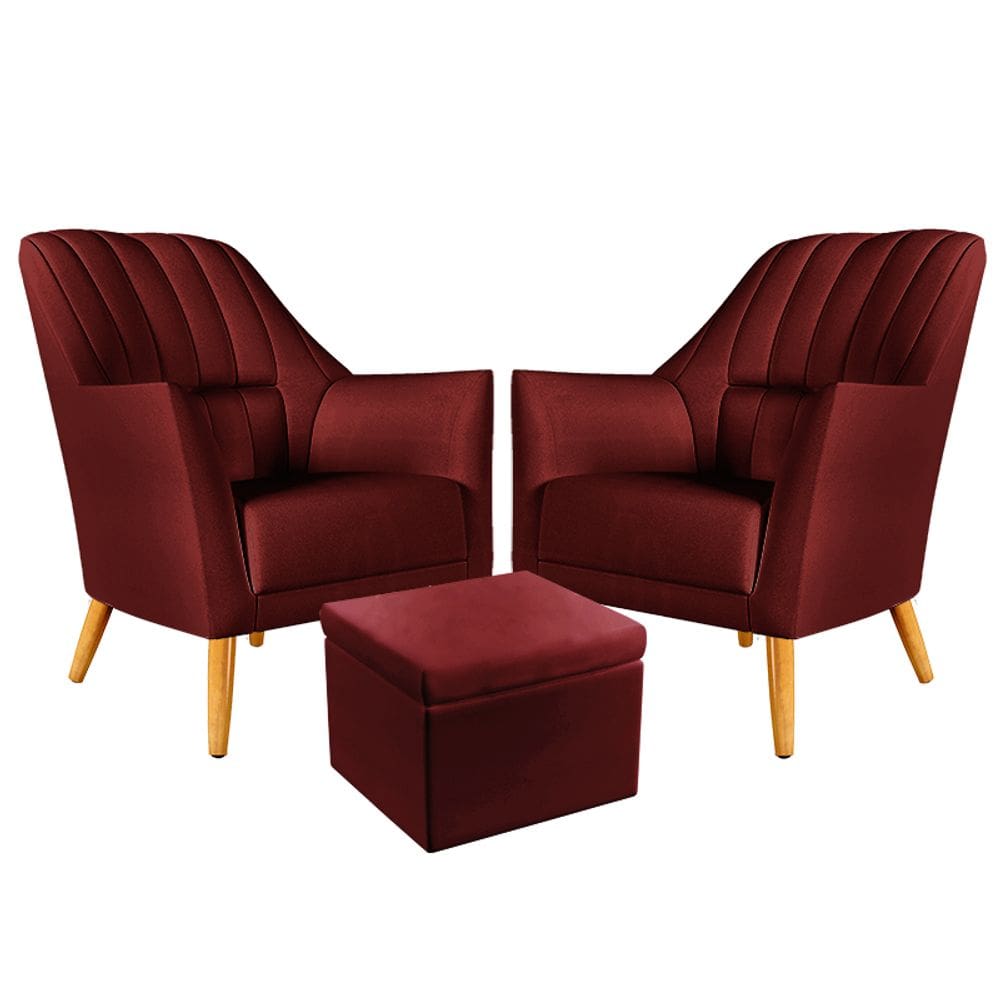 Kit 2 Poltronas Orion Bordada com Puff Quasar Tecido Sued