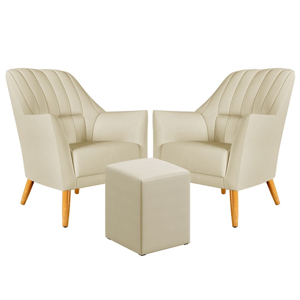 Kit 2 Poltronas Orion Bordada com Puff Izar Tecido Sued
