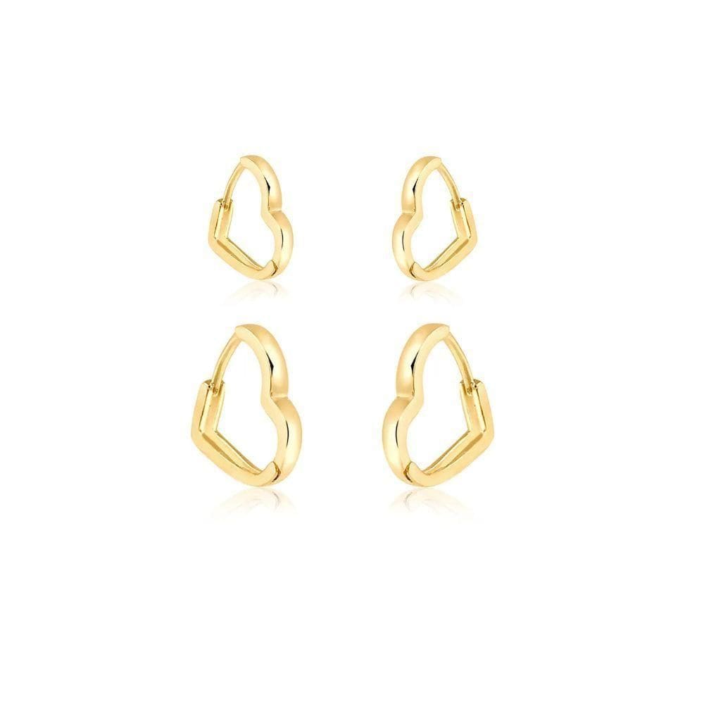 Conjunto De Brinco De Argolas De Coração Liso Banhado Em Ouro 18k