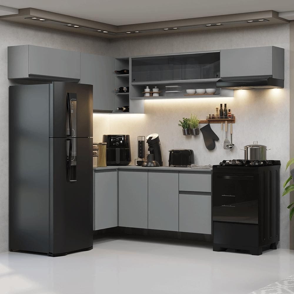 Armário de Cozinha Completa de Canto Suspenso 405cm Cinza Nice Madesa 04