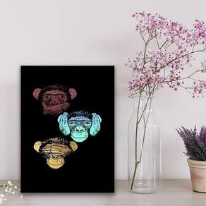 Quadro Três Macacos Sábios 33X24Cm - Com Vidro Preta