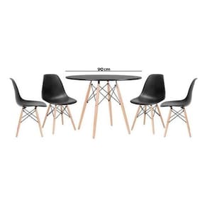 Jogo De Mesa 4 Cadeiras Pretas Eames Eiffel 90Cm Base Madeir