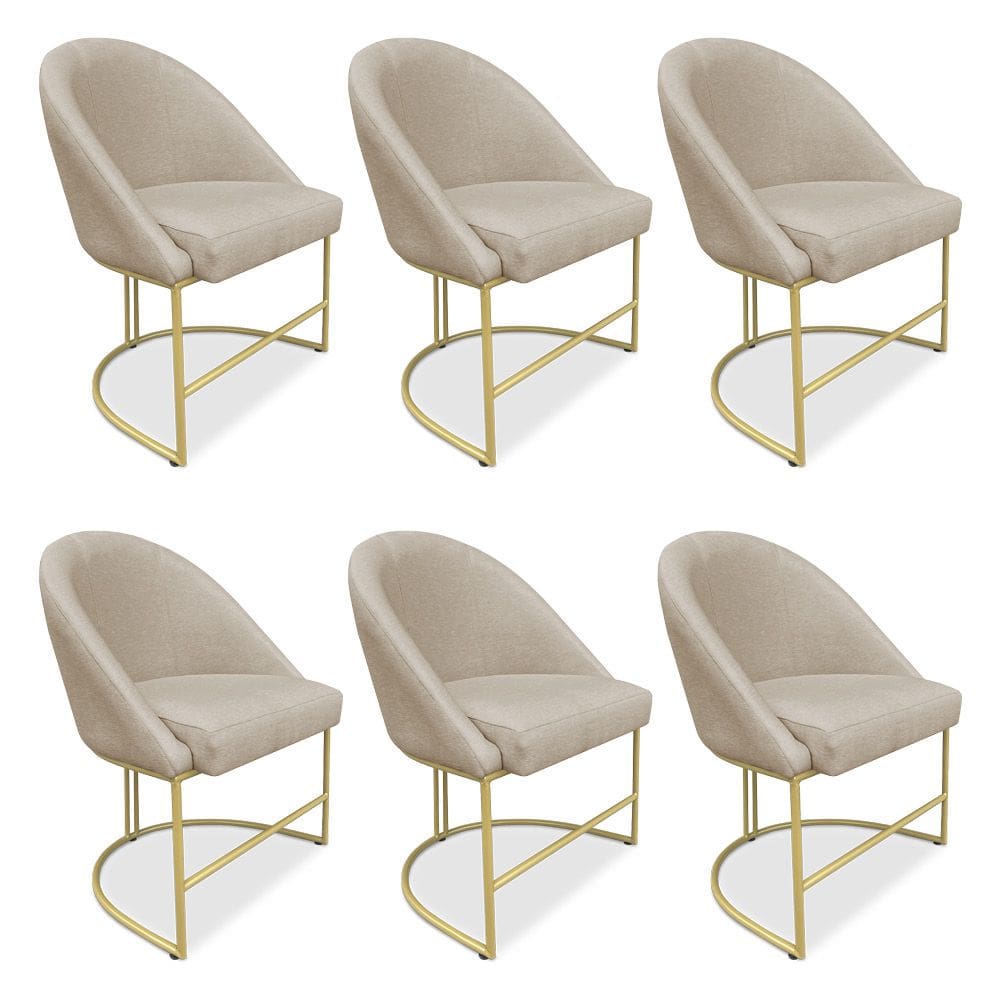 Kit 06 Cadeiras Poltrona de Jantar Bela Veludo Bege Base Metálica Industrial Dourado - Pallazio