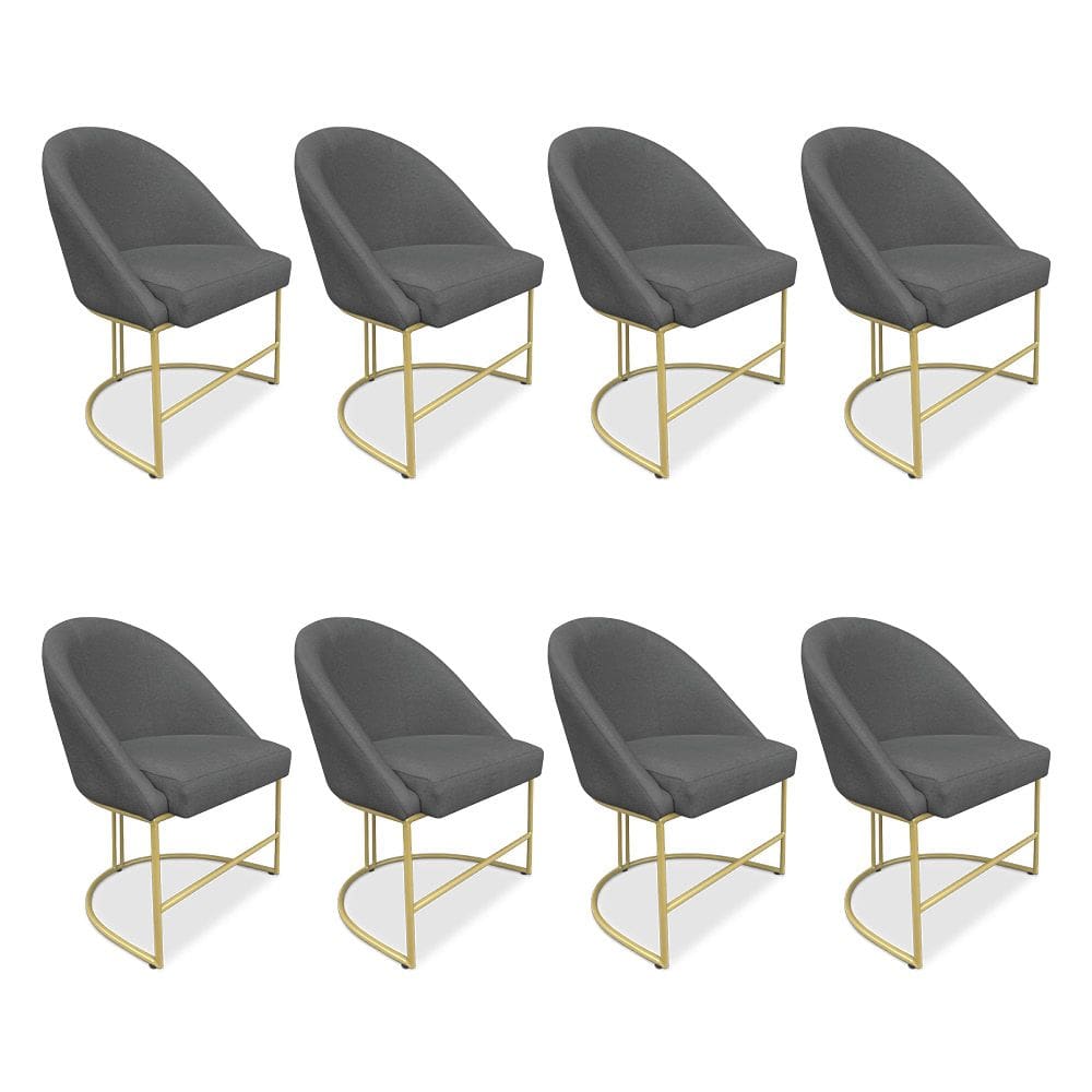 Kit 08 Cadeiras Poltrona de Jantar Bela Veludo Grafite Base Metálica Industrial Dourado - Pallazio