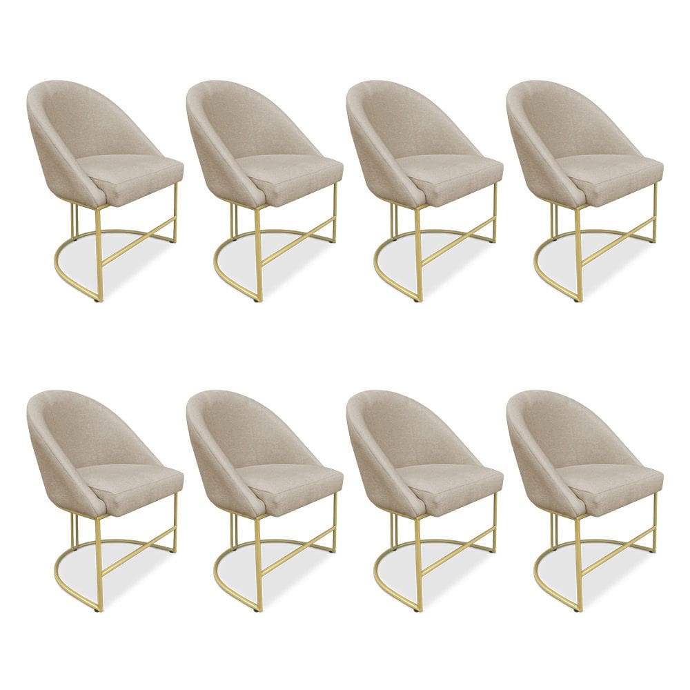Kit 08 Cadeiras Poltrona de Jantar Bela Veludo Bege Base Metálica Industrial Dourado - Pallazio