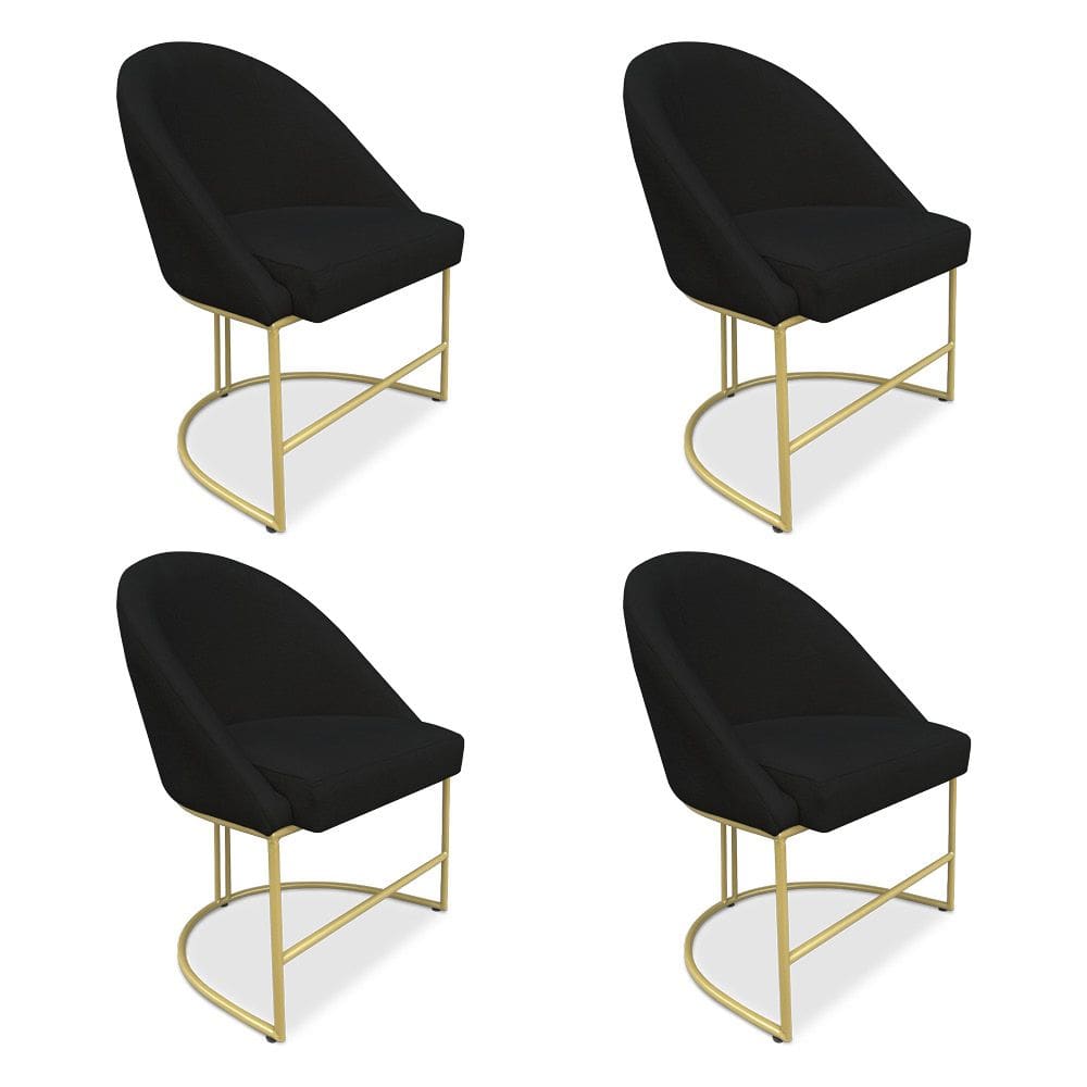 Kit 04 Cadeiras Poltrona de Jantar Bela Veludo Preto Base Metálica Industrial Dourado - Pallazio