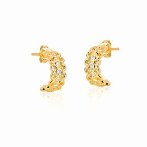 Meia Argola Pequena 3 Fileiras Com Zirconias Banhada Em Ouro 18k