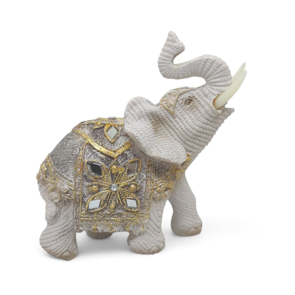 Elefante Branco e Dourado Detalhes de Pedras Brilhantes 15cm