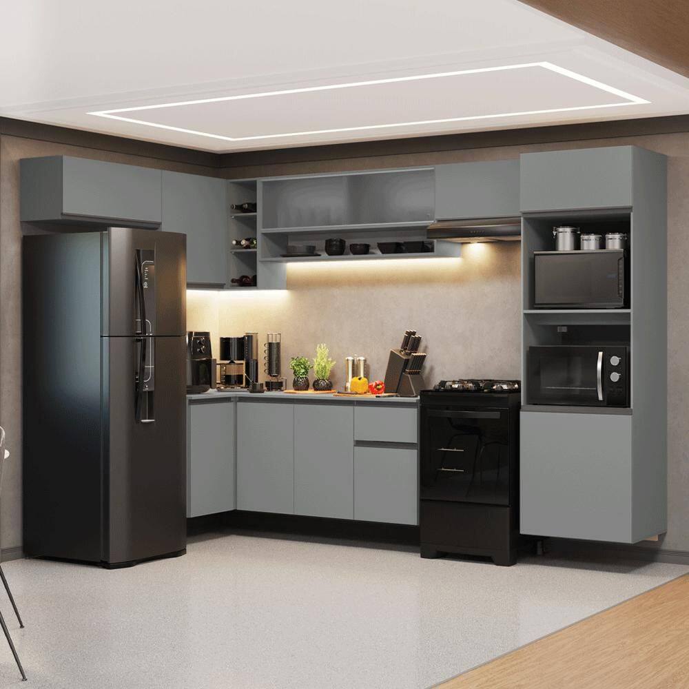 Armário de Cozinha Completa de Canto Suspenso 465cm Cinza Nice Madesa 06