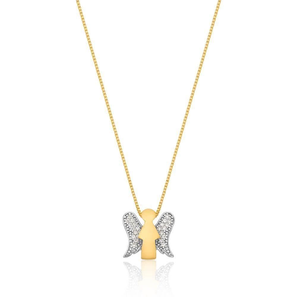Colar De Anjo Da Guarda Com Zirconias Banhado Em Ouro Semijoia