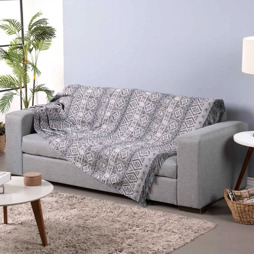 Xale Para Sofá Com Franja Luxor 1 Peça 2,10m X 1,35m 60% Algodão - 40% Poliéster Tecido Jacquard - Cinza Geométrico