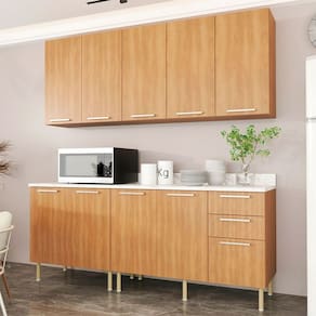 Cozinha Compacta Girassol CZ1100 200cm 04 Peças 09 Portas e 03 Gavetas com Divisor de Talheres Freijó Mármore Branco Tecnomobili