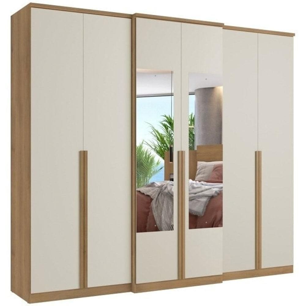 Guarda-Roupa Casal THB Valência Glass, 6 Portas de Bater com Espelho, Cappuccino e Off White, 261 cm