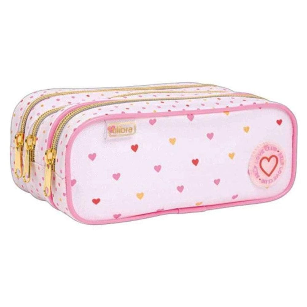 Estojo Escolar Infantil Triplo Académie Coração Metalizado Rosa - Tilibra