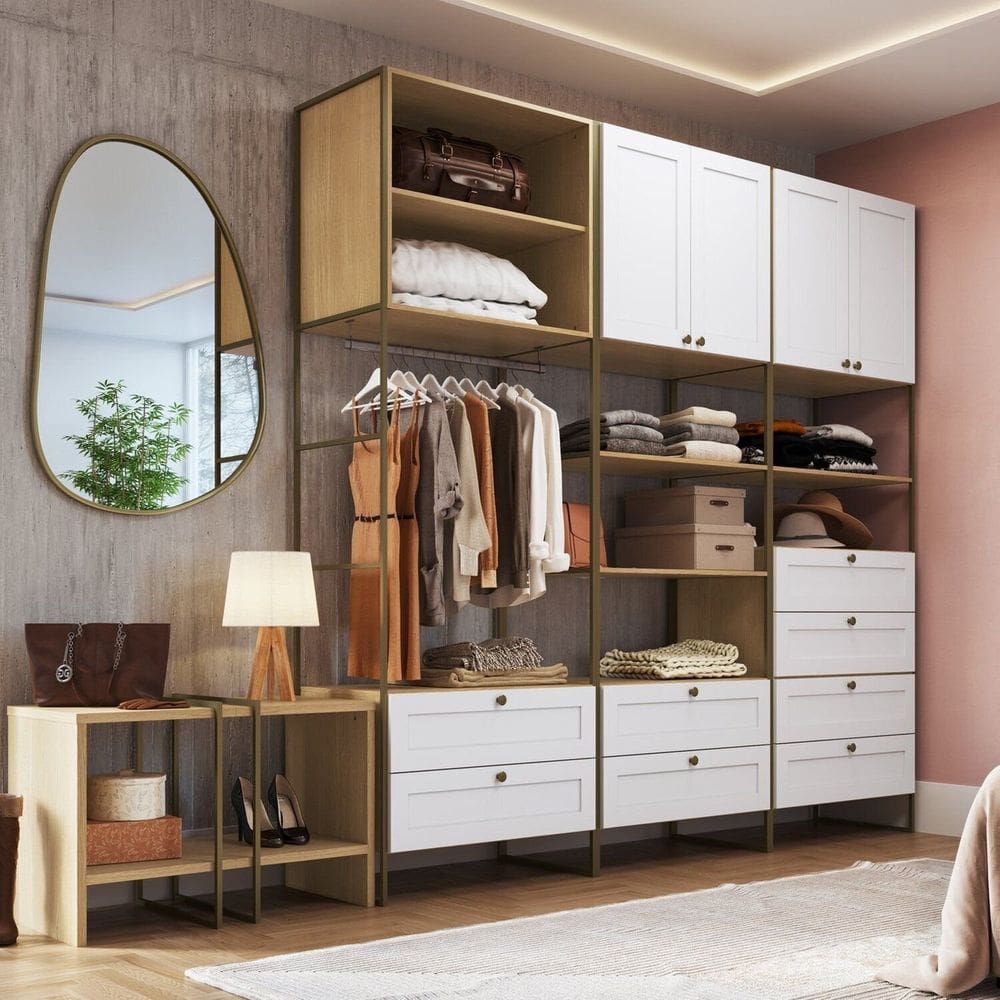 Guarda-roupa Closets Modulado Americano Mdf 5 Peças 8 Gavetas Savana/Branco Fosco