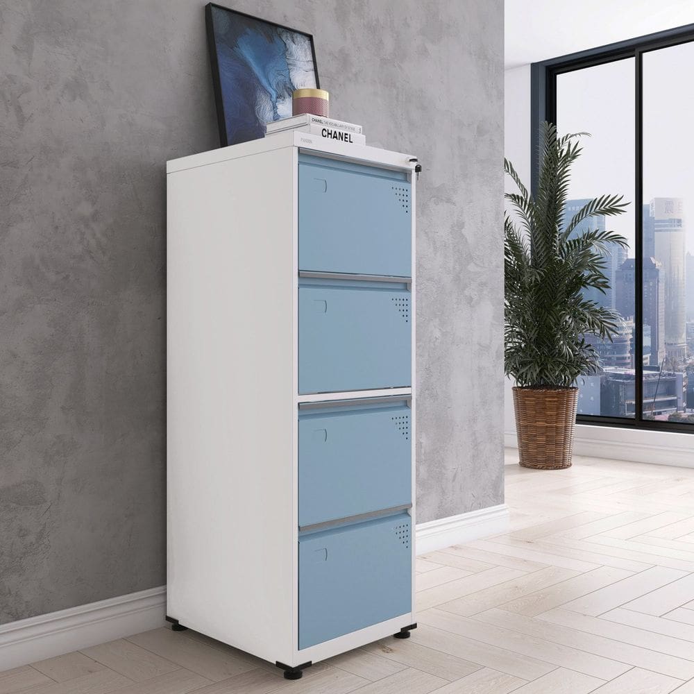Gaveteiro Arquivo para Escritório em Aço 4 Gavetas Branco/Azul Dali