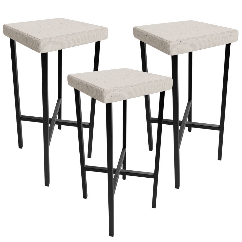 Kit 03 Banquetas Alta Bar Cozinha Sala De Jantar Preto Stella L02 Linho Cru - Lyam Decor