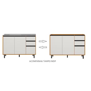 Balcão 1,20 FLEX C/TAMPO RAVENA 3 PORTAS 2 GAVETAS - FREIJO UV/OFF ACETINADO POLIMAN