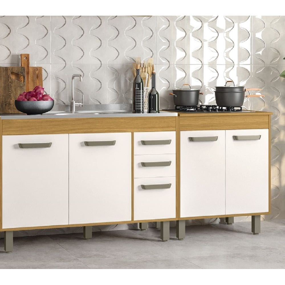 Kit de Cozinha 190cm 5 Portas 2 Gavetas com Balcão Para Pia e Cooktop - Freijó/Off Acetinado Poliman