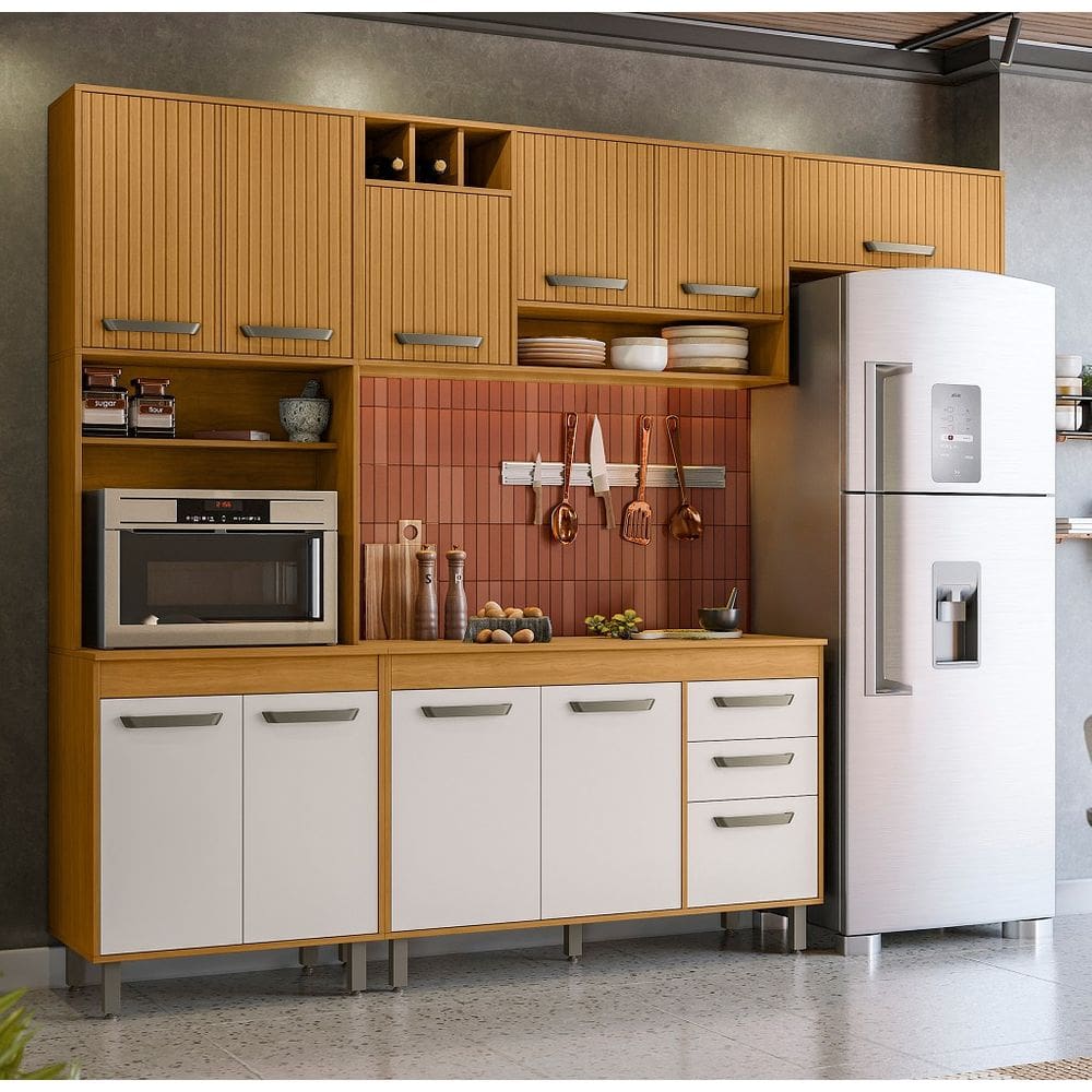 Armário de Cozinha Compacta Malta com Detalhes Ripado - Freijó/Ripado/Off Acetinado Poliman