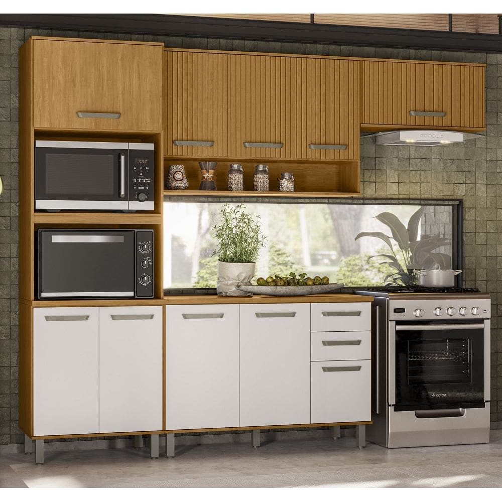 Cozinha Criare Modulada Com Paneleiro Torre Quente e Armário Detalhes Ripado - Freijó/Ripado/ Off Acetinado Poliman