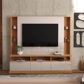 Estante Home Bilbao para TV até 70 Polegadas 3 Portas Prateleiras Vidro e Rodízio Jequitibá/Off White - Lukaliam