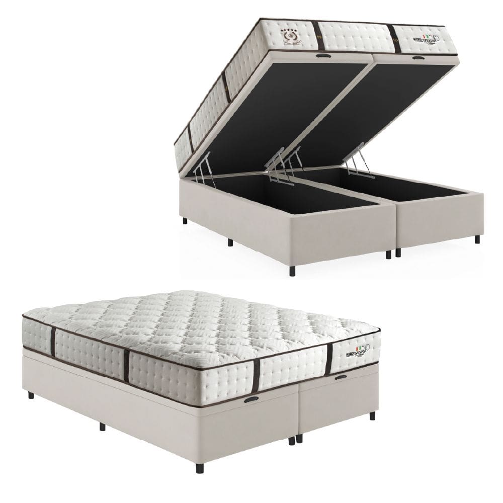 Cama Box Baú Casal Queen Colchão Molas Ensacadas Gazin Com Pillow Veneza 158x198x71cm Branco/Marrom