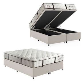Cama Box Baú Casal Queen Colchão Molas Ensacadas Gazin Com Pillow Veneza 158x198x71cm Branco/Marrom