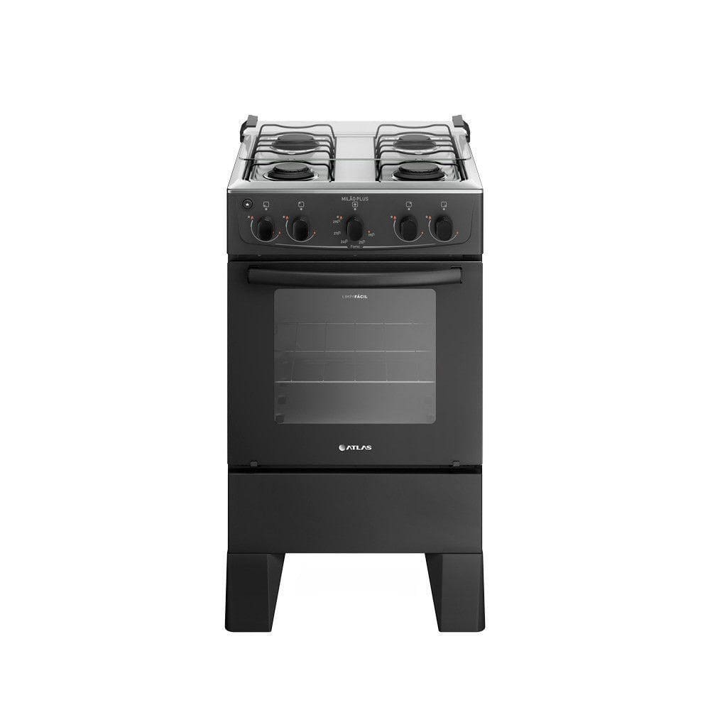 Fogão 4 Bocas Com Mesa Inox Milão Plus 30000177 Atlas Preto Bivolt
