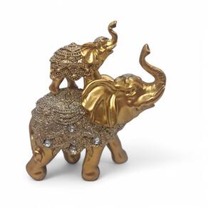 Elefante da Sabedoria Com Filhote Dourado e Brilho 15 cm