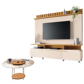 Estante Home Theater Artís Off White Cinamomo e Mesa de Centro Sky com Tampo de Vidro Cinamomo - HB Móveis