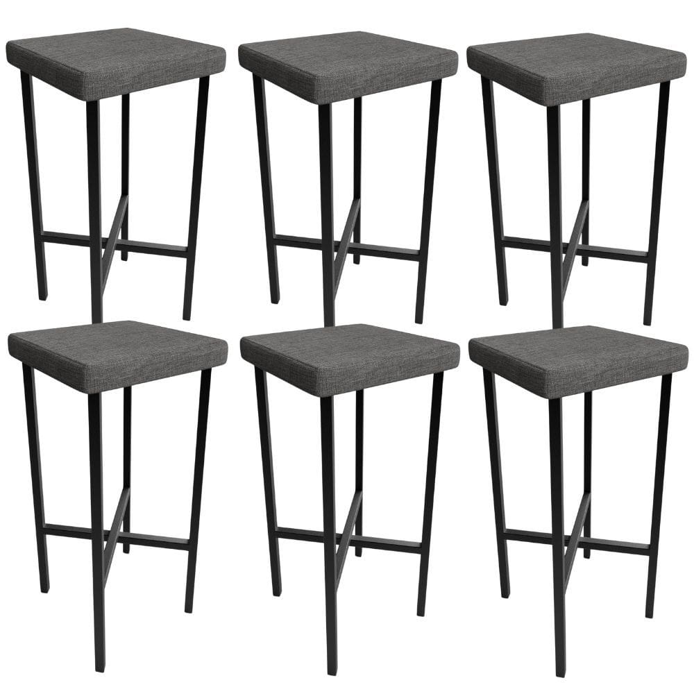 Kit 06 Banquetas Alta Bar Cozinha Sala De Jantar Preto Stella L02 Linho Cinza Escuro - Lyam Decor