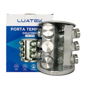 Carrossel Porta Temperos Aço Inox 12 Potes de Vidro com Tampa Peneira Base Giratória 360° Prático e Elegante para Cozinha Organização e Conservação
