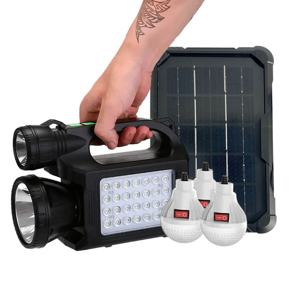 Sistema de Energia Solar Portátil 28 LEDs 30W com USB e Painel Solar Iluminação de Emergência Acampamento Carregamento de Dispositivos Móveis