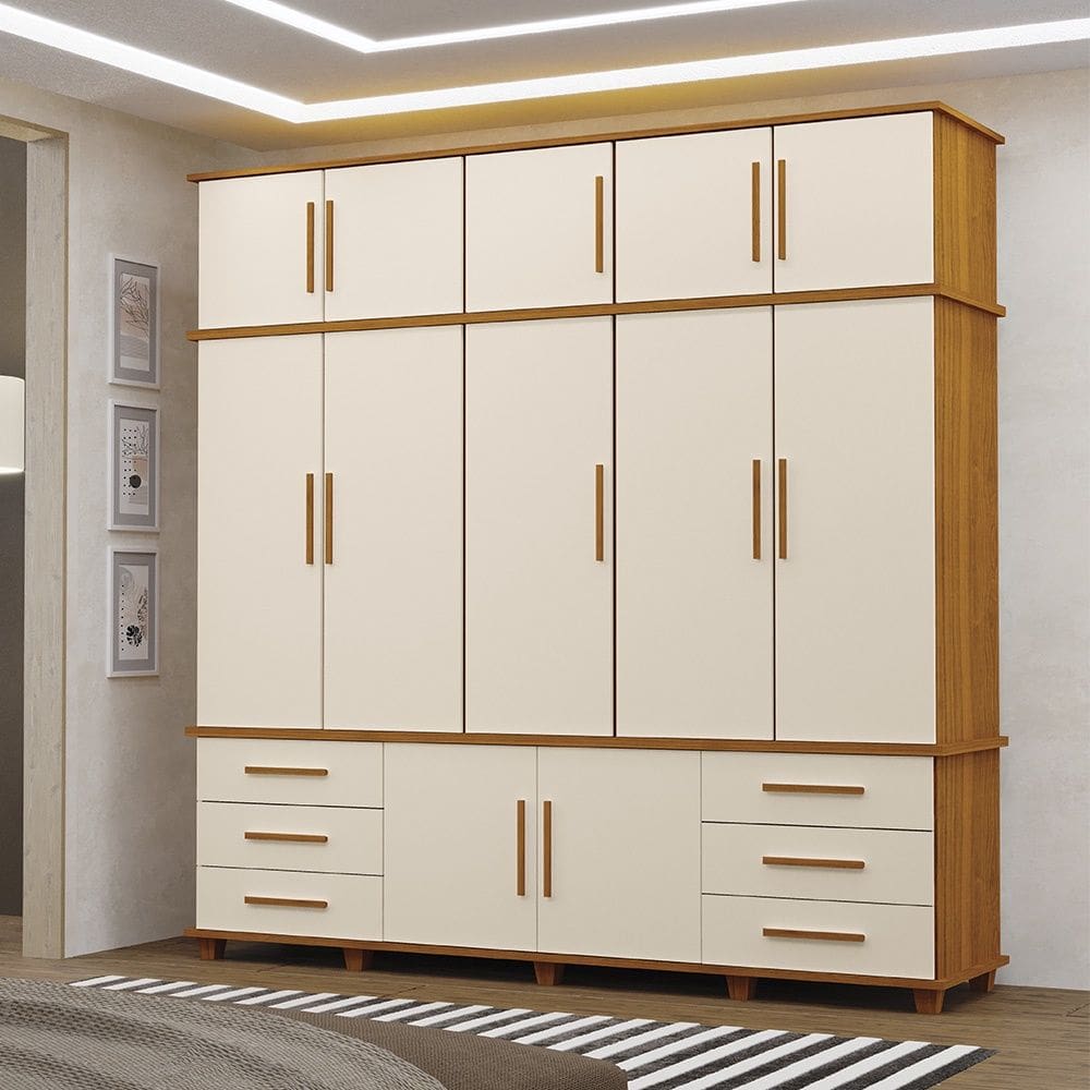 Guarda Roupa Roupeiro Londres Triplex Grande 5 Portas 6 Gavetas com Maleiro Freijó Off White Luapa