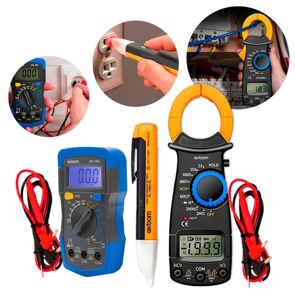 Kit Eletricista Profissional 3 Peças Multímetro Digital, Alicate Amperímetro e Caneta Detectora de Tensão 90-1000V com Pilhas Inclusas